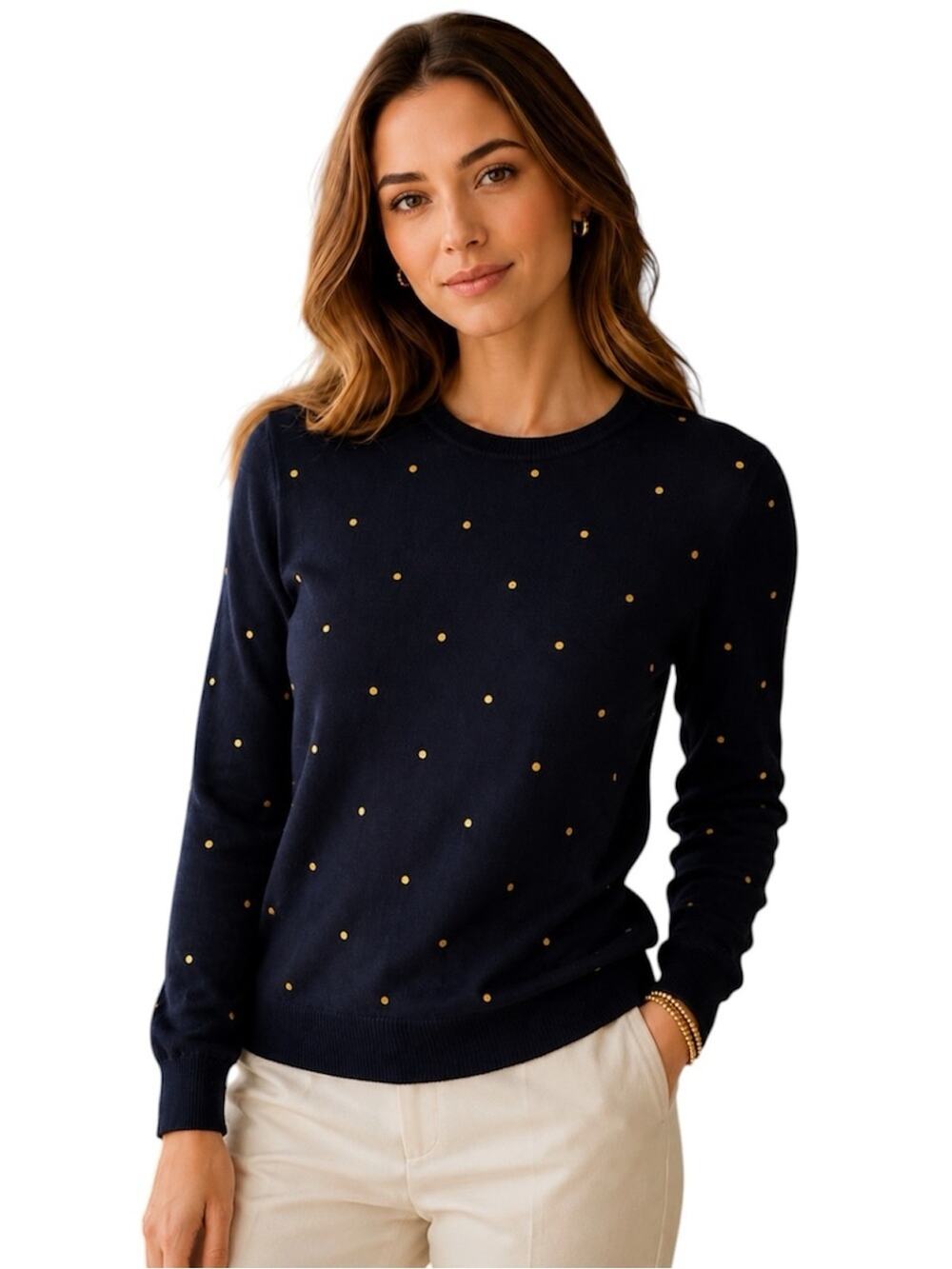 Le Mond St. Michel 100% Merino Wool Sweater, Navy with Gold Polka Dots, S